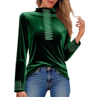 Generic Velvet Tops for Women Elegant Cowl Neck Pleated Blouse Dressy Casual Going Out Puff Long Sleeve Tops Autumn Clothes (Z03-Green, XXXXL)