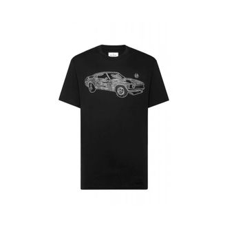 Philipp Plein Tops, Heren, Zwart, M, Katoen, Jersey T-shirt Ronde Hals SS Strass Cars Racing