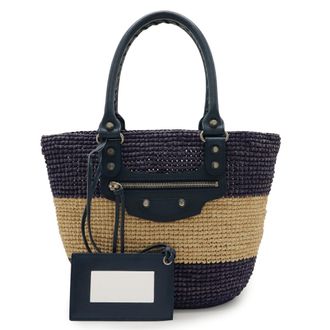 Balenciaga Raffia Blue Purple Raffia Leather Handbag Tote Bag (Pre-Owned)