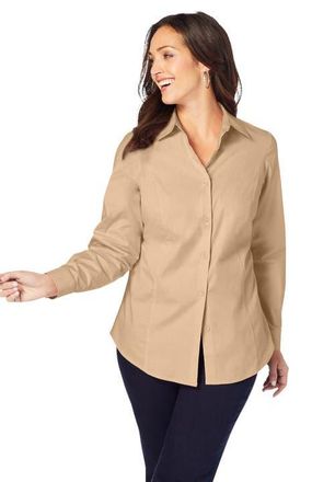 Jessica London Wrinkle-Free Stretch Poplin Shirt in New Khaki at Nordstrom, Size 22