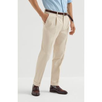 Brunello Cucinelli Cotton and virgin wool gabardine trousers with pleat in Ivory at Nordstrom, Size 50