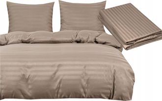 OEM Juego De Cama De Damasco De 200x220 Cm + 2 Fundas De Almohada + S&aacute;bana Bajera Ajustable, Color Beige Y Latte