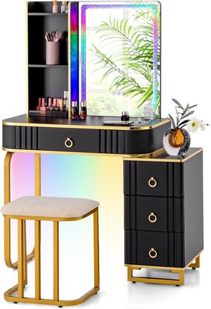Costway Costway - Tocador De Maquillaje Con Luz Rgb, Tocador De Maquillaje Con 7 Luces Led Din&aacute;micas Y 7 Est&aacute;ticas Y Taburete, Estaci&oacute;n De Carga Inal&aacute;mbrica, 