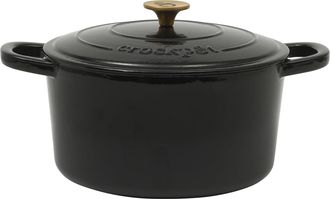 Crock-pot Artisan 7 Quart Round Enameled Cast Iron Dutch Oven in Black with Gold Handle