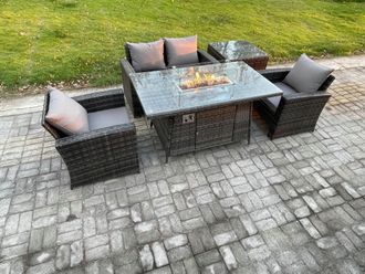 Fimous 4 Seater Outdoor Rattan Sofa Set Garden Furniture Gas Firepit Dining Table Heater with Side Table in Dark Grey