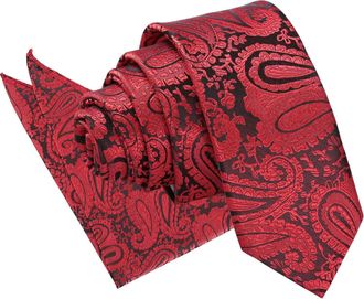 DQT Paisley Floral Patterned Wedding Skinny Neck Tie & Pocket Square Set for Men in Black & Red