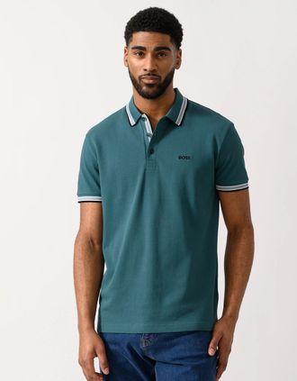 HUGO BOSS Mens BOSS Green Mens Paddy Cotton-Piqu&eacute; Polo Shirt with Contrast Logo - Turquoise/Aqua 448 - Size: 38