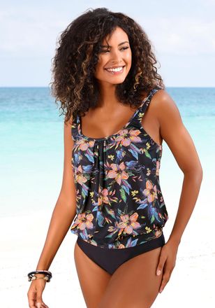 Lascana Tankini-Top LASCANA Malia, Damen, Gr. 36, N-Gr, grau (anthrazit, bedruckt), Microfaser, Microfaser, Polyamid, bedruckt, floral, Bikini-Oberteile Tanki