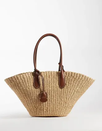 Polo Ralph Lauren borsa mare in rafia con profili in pelle beige-Marrone