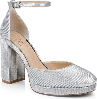Badgley Mischka Stephanie Ankle Strap Platform Pump in Silver Fabric at Nordstrom, Size 5.5