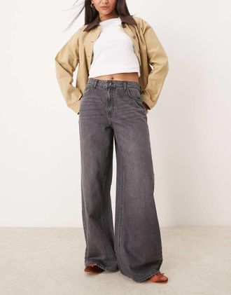 Jacqueline de Yong high waisted wide leg jeans in washed gray
