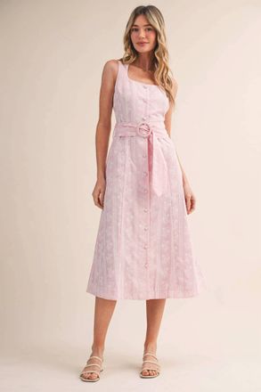 Merci Floral Belted Midi Dress In Pink Stripe
