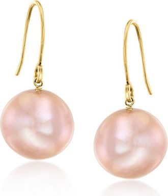 Ross-Simons 11-12mm Pink Cultured Pearl Drop Earrings in 14kt Yellow Gold