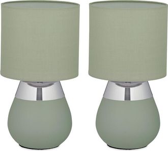 Relaxdays L&aacute;mpara De Mesa, Set 2, Base Metal, Pantalla Tela, E14, 32x18 Cm, Lamparita Noche Con Cable, Verde/plateado - Relaxdays