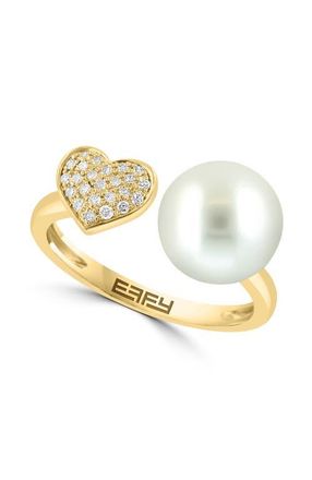 Effy 14K Yellow Gold Pav&eacute; Diamond Heart and Fresh Water Pearl Ring in 14K Gold at Nordstrom, Size 7