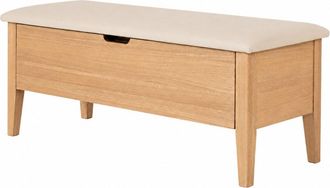 Woodek Banco de roble macizo 90 cm, asiento de cuero beige