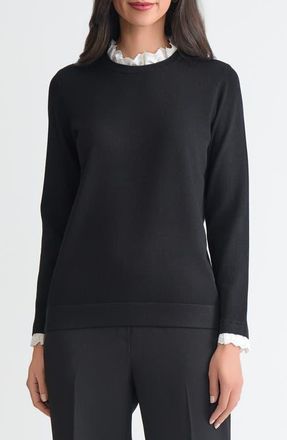 Kasper Contrast Lace Trim Collar Sweater in Black/Lily White at Nordstrom, Size Medium P
