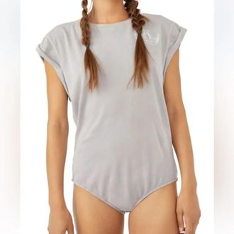 Free People Womens Free People Go-to Bodysuit Gray Graphic Print Short Sleeve RED1382