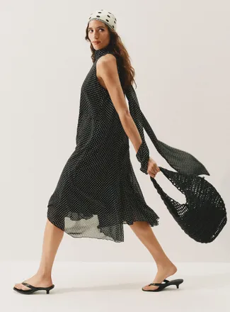 Icone Womens Asymmetric polka-dotted chiffon scarf-collar dress