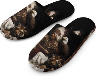 Generic Native US Indian Chief Animals Mens Slippers Warm Non-Slip Houes Shose Spa Slipper for Home Bedroom