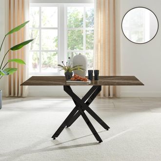 Furniturebox Leonardo 6-Seater Dining Table With Marble Effect Glass Top & Black Metal Legs in Dark Brown