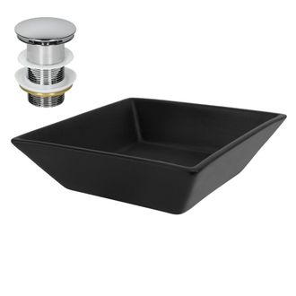 ML Design Lavabo cuadrado negro cer&aacute;mico con desag&uuml;e cromado