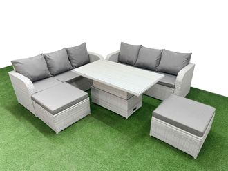 Fimous Outdoor Garden Furniture Sets 8 Seater Wicker Rattan Furniture Sofa Sets w/ Adjustable Lifting Dining or Coffee Table high Back Lounge Sofa 2
