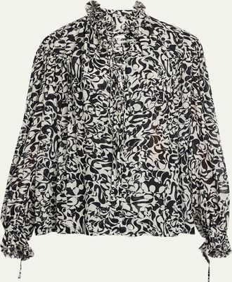 Dries Van Noten Catya Abstract-Print Ruffle Peasant Shirt