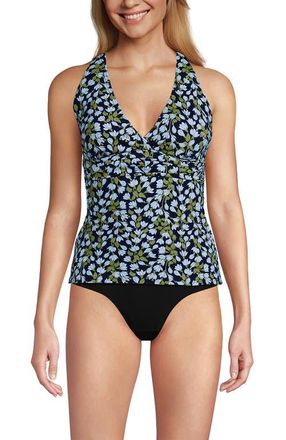 Lands End Chlorine Resistant Plunge X-Back Tankini Swimsuit Top in Navy Mini Bloom Floral at Nordstrom, Size X-Small