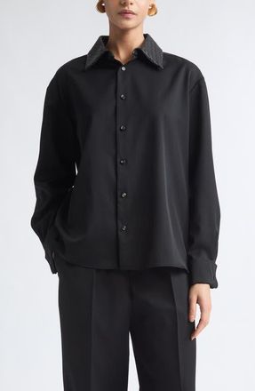 Bottega Veneta Intrecciato Twill Button-Up Shirt with Leather Collar in 1010 Double Black at Nordstrom, Size 42