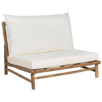 Beliani Silla Baja De Exterior E Interior Con Cojines Madera De Bamb&uacute; Con Respaldo Mobiliario De Interior Exterior Jard&iacute;n Claro Y Blanco Todi