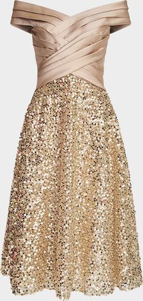 Theia Brandy Off-Shoulder Pleated Sequin Midi Dress