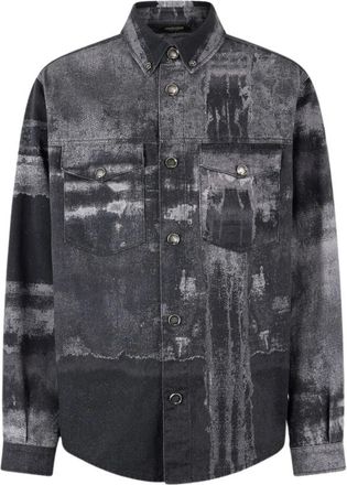 Roberto Cavalli Denim Overshirt met Gebruikt Effect en Gradi&euml;nt Motief - Heren - Casual Overhemden - Zwart - XL - Denim - Overhemden