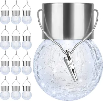OEM Juego De 12 Luces Colgantes Solares Para Exteriores: Esferas Decorativas De Cristal Craquelado Led, Impermeables Y Con Ganchos Para Jard&iacute;n, Patio, Val
