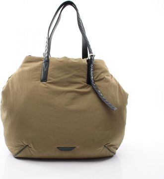 Bottega Veneta Black Khaki Nylon Leather Handbag Tote Bag (Pre-Owned)