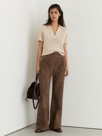 Reiss Taupe Neutral Petite Suede Patch-pocket Flared Trousers, 14