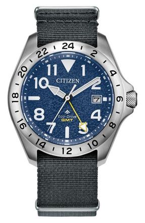 Citizen Promaster Land GMT Eco-Drive Nylon Strap Watch, 39.5mm in Silver/Navy at Nordstrom