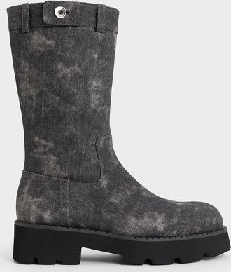 Charles & Keith Denim Side-Zip Lug-Sole Calf Boots