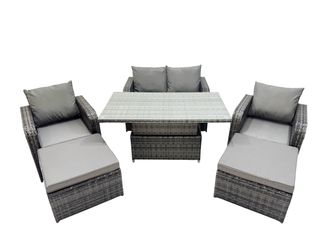 Fimous 6-seater Patio Height Adjustable Rising Lifting Table Sofa Sets in Dark Grey