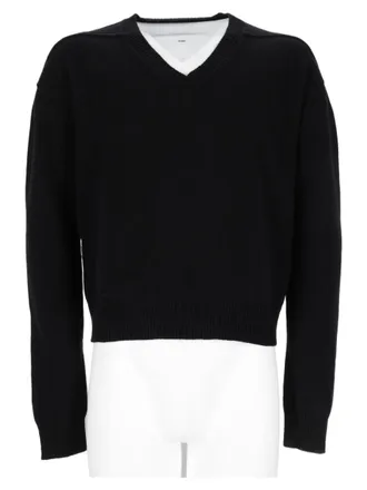Rick Owens Cropped Black V-Neck Sweater With Ribbed Detailing
