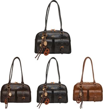 Generic Womens Shoulder Bag, PU Leather Vintage Y2K Handbag with Pendant & Multiple Pockets, Retro Top Handle Soft Underarm Purse for Daily Use (B)