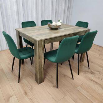 Kosy Koala Modern Dining Table with 6 green velvet tufted Chairs in Brown