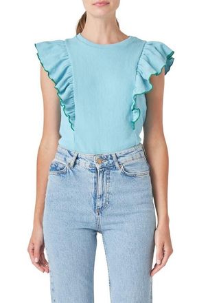 English Factory Merrow Ruffle Top in Powder Blue/Green at Nordstrom, Size X-Small