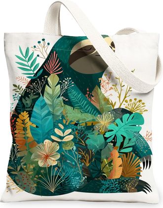 Generic Sloth Canvas Tote Bags, Animal Plant Pattern Reusable Grocery Bags, Summer Vintage Lightweight Washable Canvas for Travel B, White, 13x15 Inch