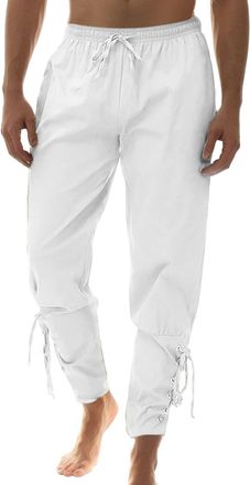 Generic Men Trousers Cuff with Drawstrings Pants Solid Mens Ankle Pants Costume Mens(White,XL)