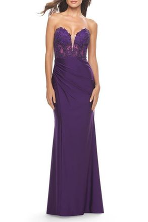 La Femme Long Dress with Jersey Skirt and Lace Illusion Bodice in Royal Purple at Nordstrom, Size 10