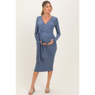 Pinkblush Blue Ribbed Long Sleeve Maternity Wrap Dress in Denim at Nordstrom, Size Medium