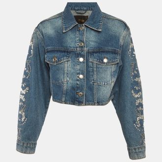 Maje Blue Denim Embellished Cropped Jacket