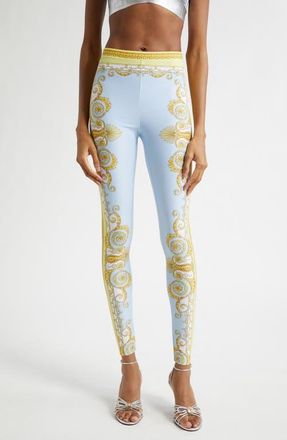 Versace Barocco Print Leggings in Pale Yellow Pastel Blue at Nordstrom, Size 10 Us