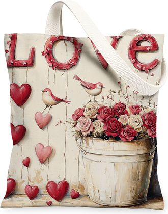 Generic Valentines Day Red Wine Canvas Tote Bag for Shopping 13x15, Farmhouse Rustic Love Flower Reusable Grocery Print Bag for Women, Holiday Beach Aesthetic